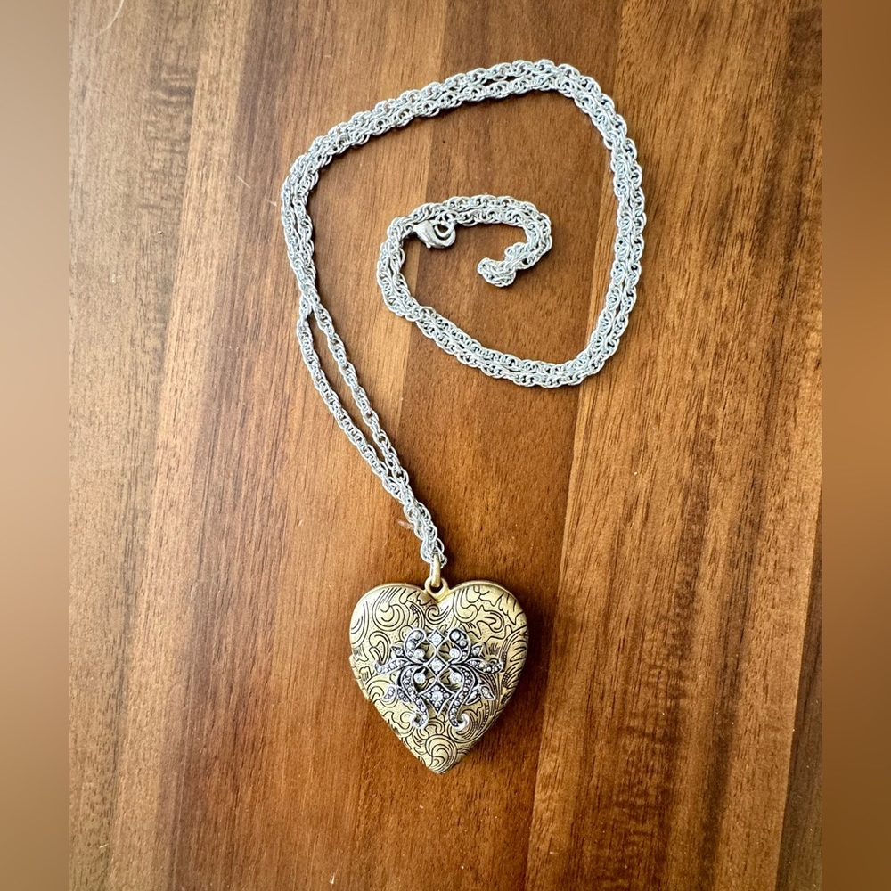 Embossed Metal Locket Necklace with Faux Gems